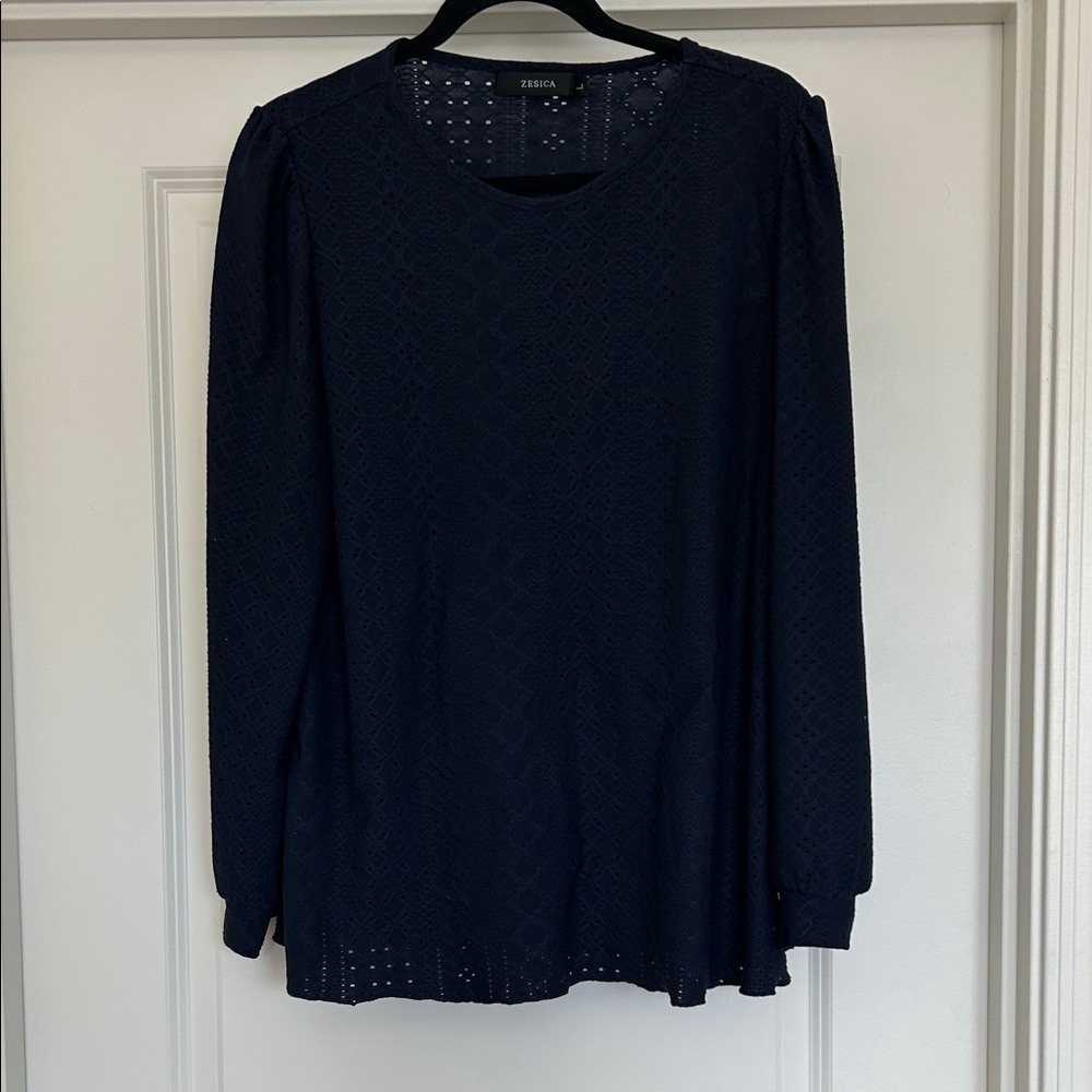 Chic Navy Eyelet Long Sleeve Top